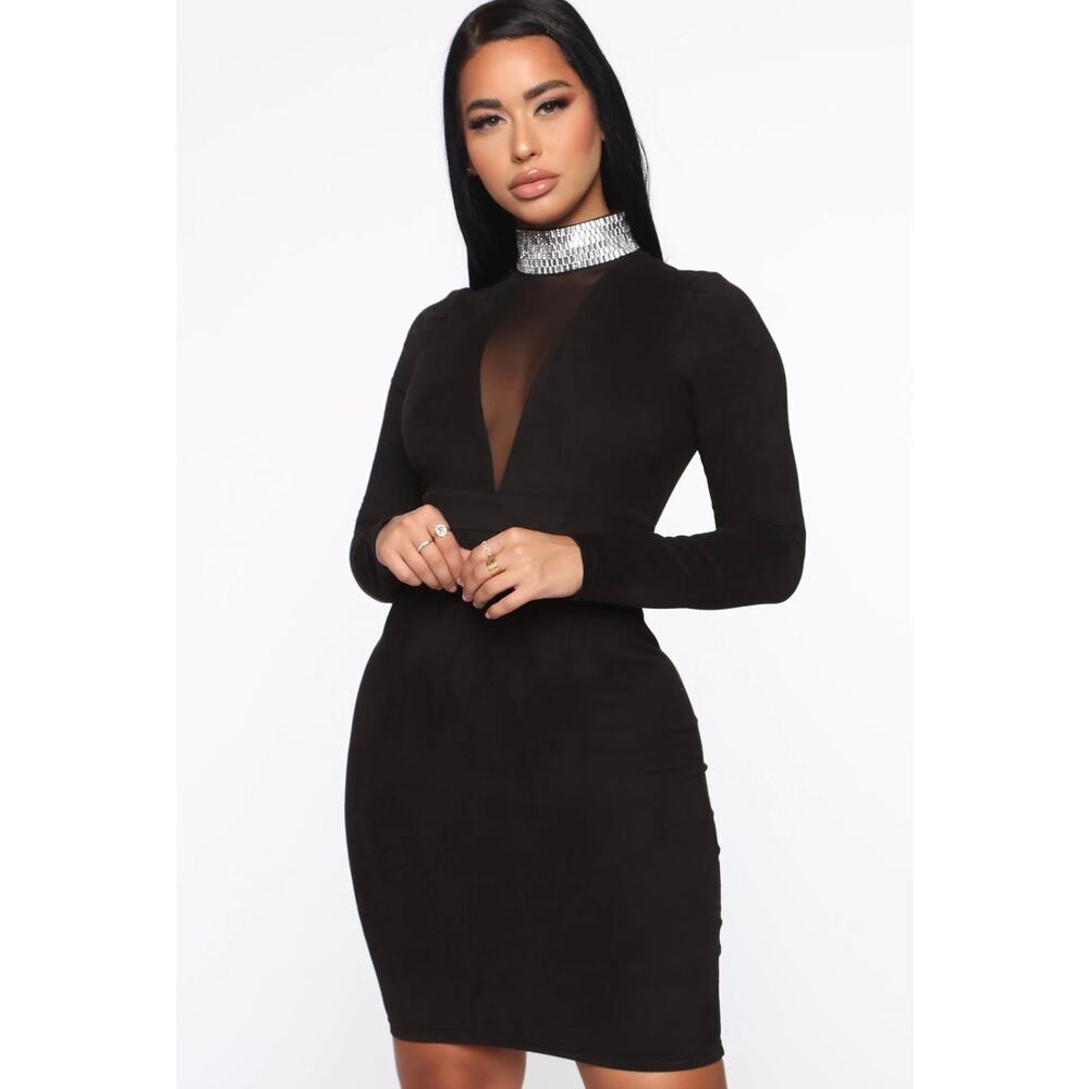 Fashion Nova Another Dream Mock Neck Suede Dress Size S Small NWT Black - Picture 10 of 10